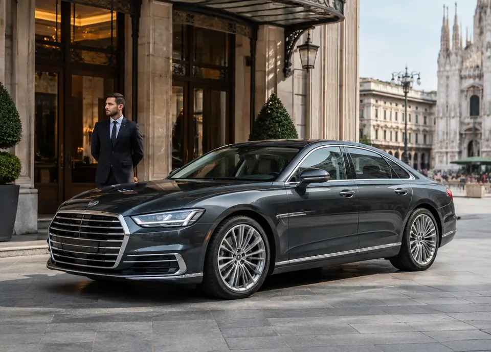 Audi A8 con autista NCC davanti a un hotel nel centro di Milano